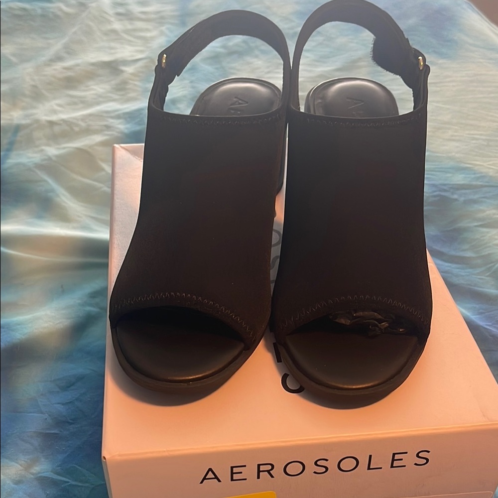 AEROSOLES Black Slingback Wedge Heel Sandals with Cushioned Footbed - Picture 2 of 8